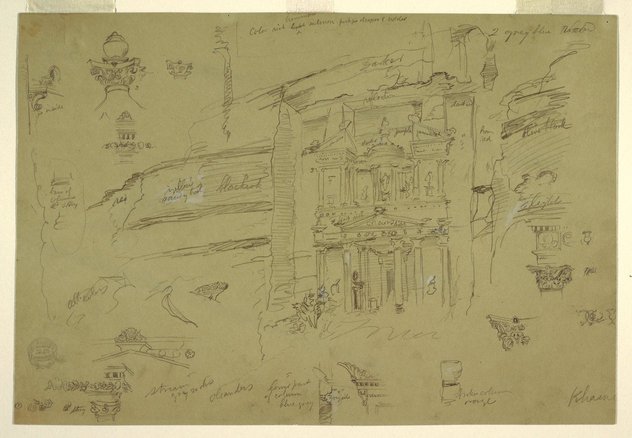 Desenho, Detalhes arquitectónicos de El Khasneh, Petra, finais de fevereiro de 1868 de Frederic Edwin Church