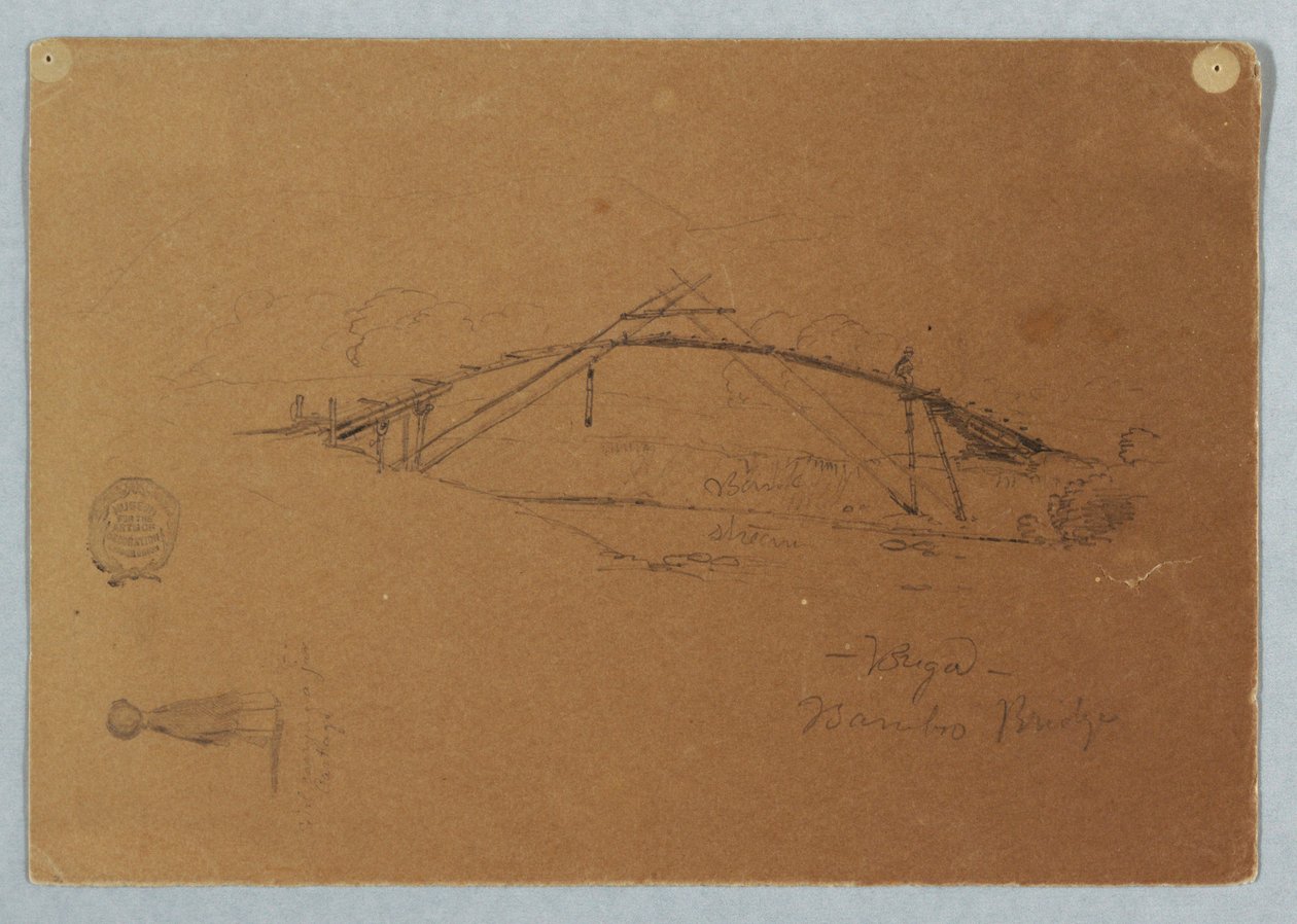 Desenho, Ponte de bambu em Buga, Colômbia e rapariga carregando um frasco, Cartago, Colômbia, julho de 1853 de Frederic Edwin Church