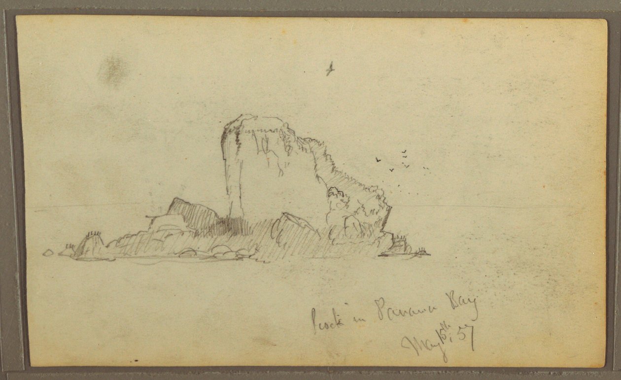 Desenho, Bireds, "Rock in Panama Bay"; Verso: "Heavy Vines", 15 de maio de 1857 de Frederic Edwin Church