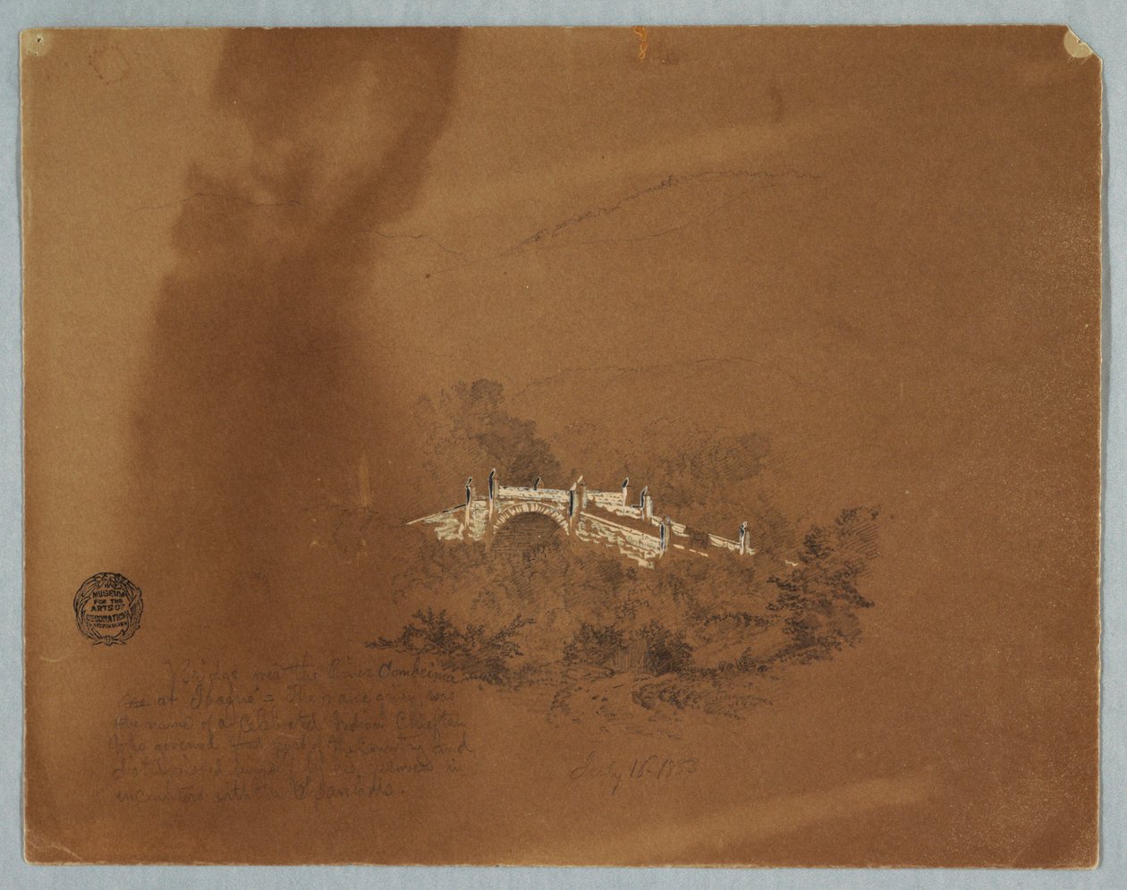 Desenho, Ponte sobre o rio Combeima em Ibaque, Colômbia, 16 de julho de 1853 de Frederic Edwin Church