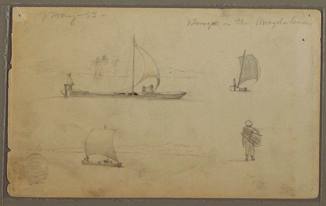 Desenho, Bungoes: Esboços de barcos à vela e trabalhadores, ao longo do Rio Magdalena, Colômbia, maio de 1853 de Frederic Edwin Church