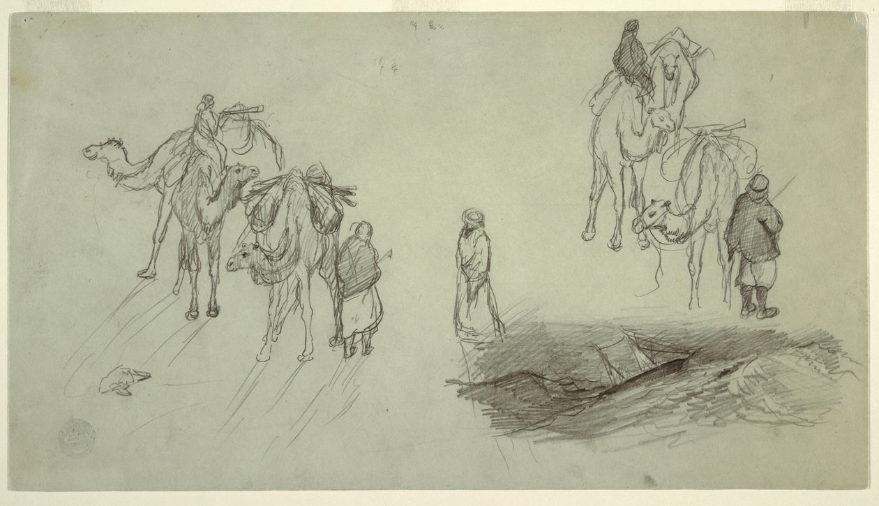 Desenho, Camelos e cavaleiros; Sailbo, 1868 de Frederic Edwin Church
