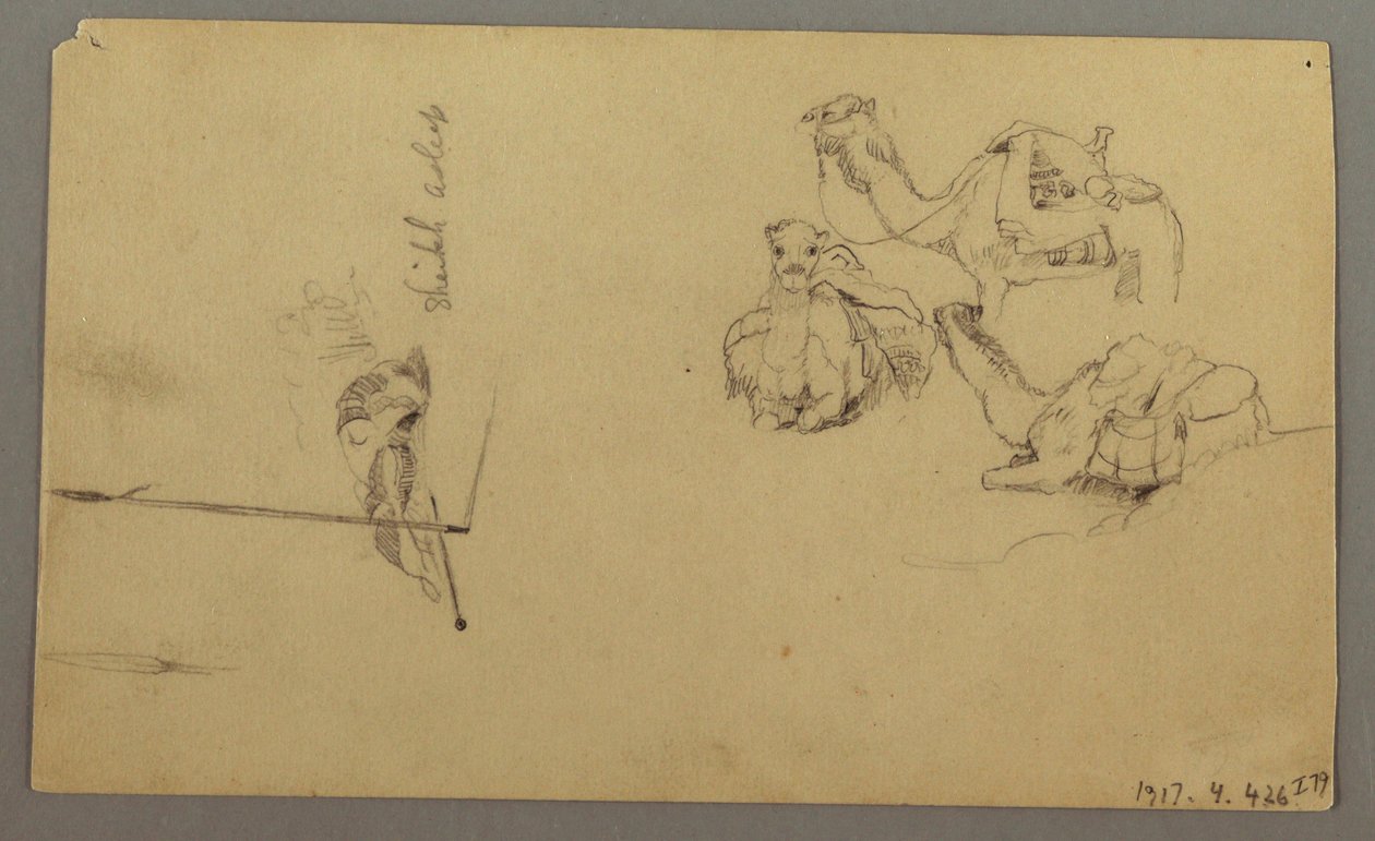 Desenho, Camelos a beber numa colina, 22 de fevereiro, possivelmente 1868 de Frederic Edwin Church