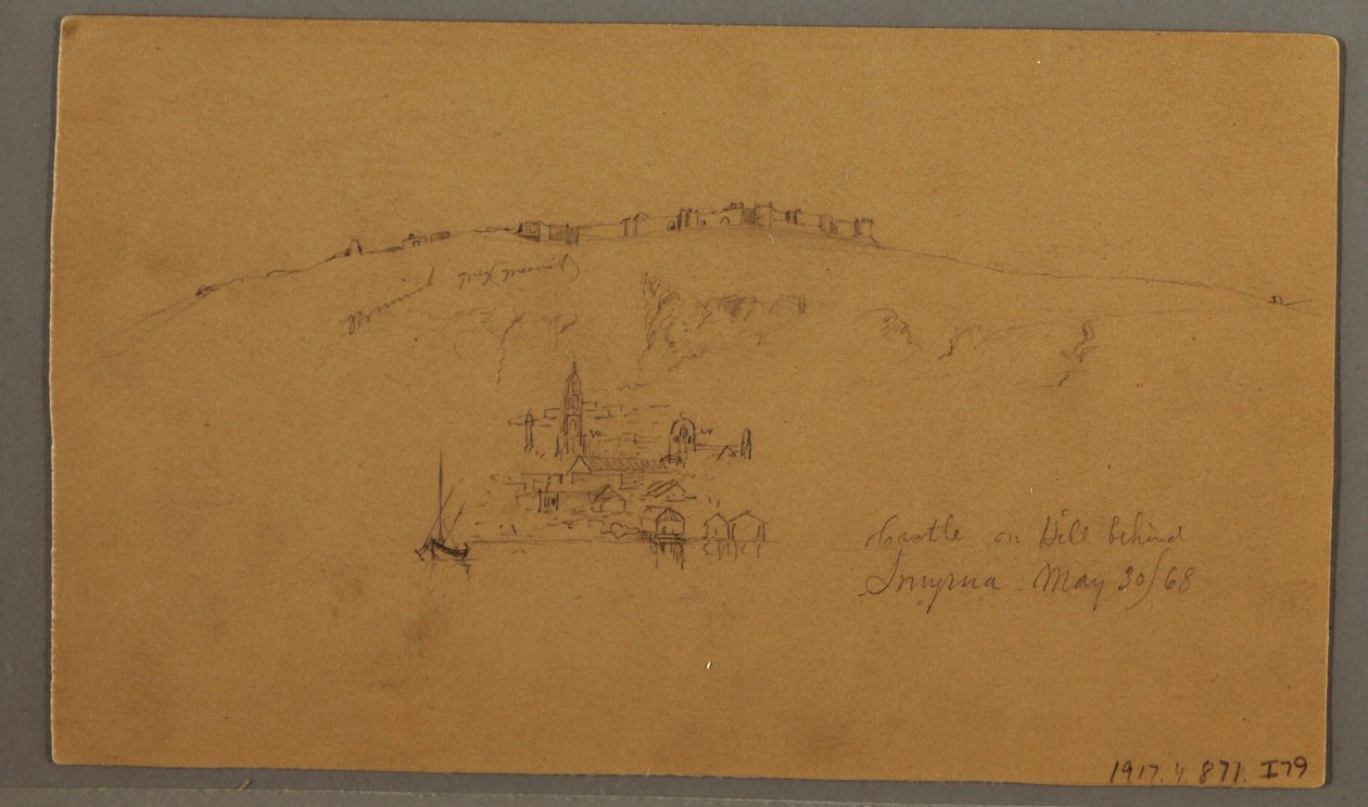 Desenho, Castelo, Minarete, Barcos à vela, Casa, maio de 1868 de Frederic Edwin Church