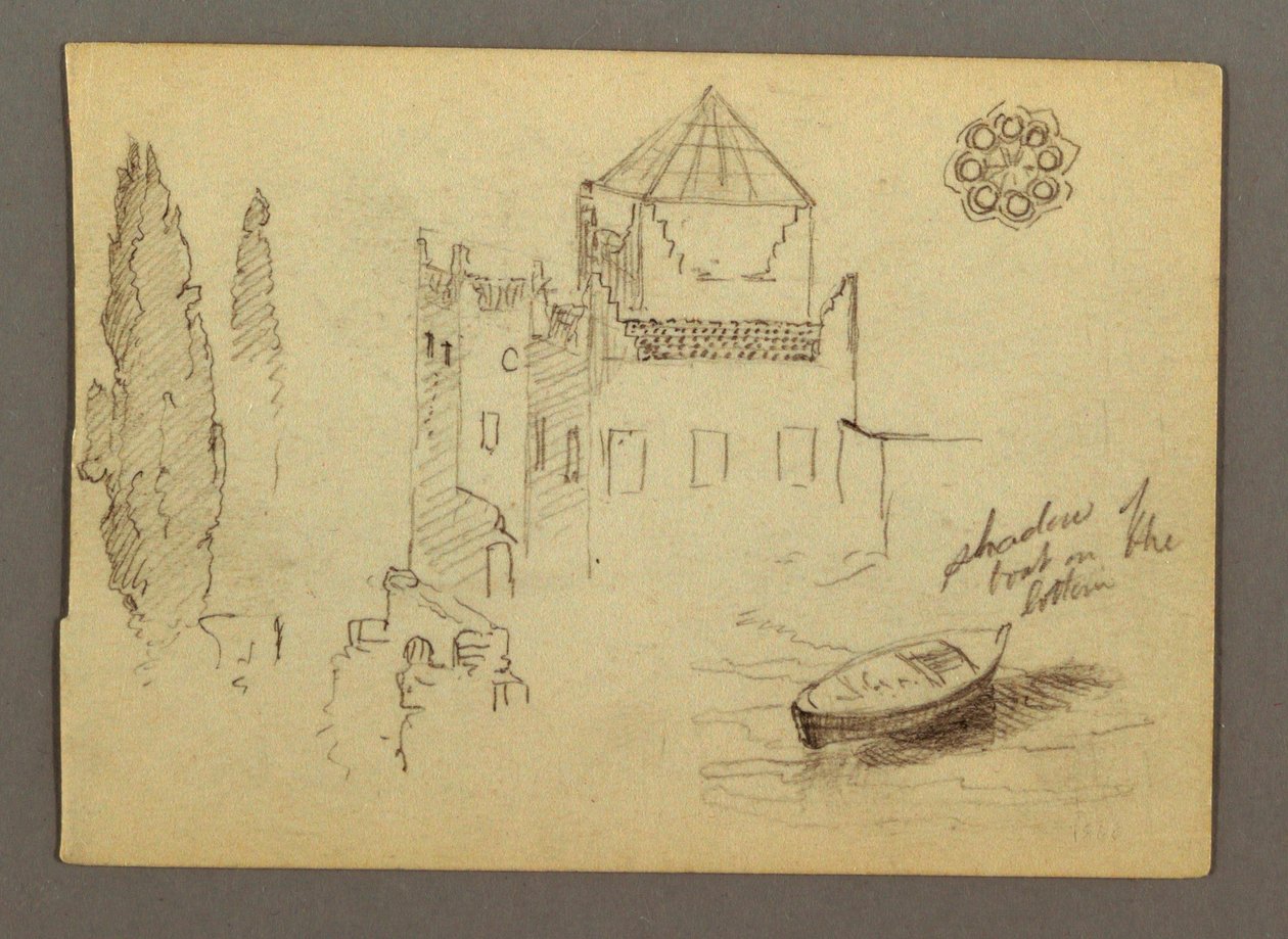 Desenho, Castelo na água, barco, árvores, possivelmente 1868 de Frederic Edwin Church