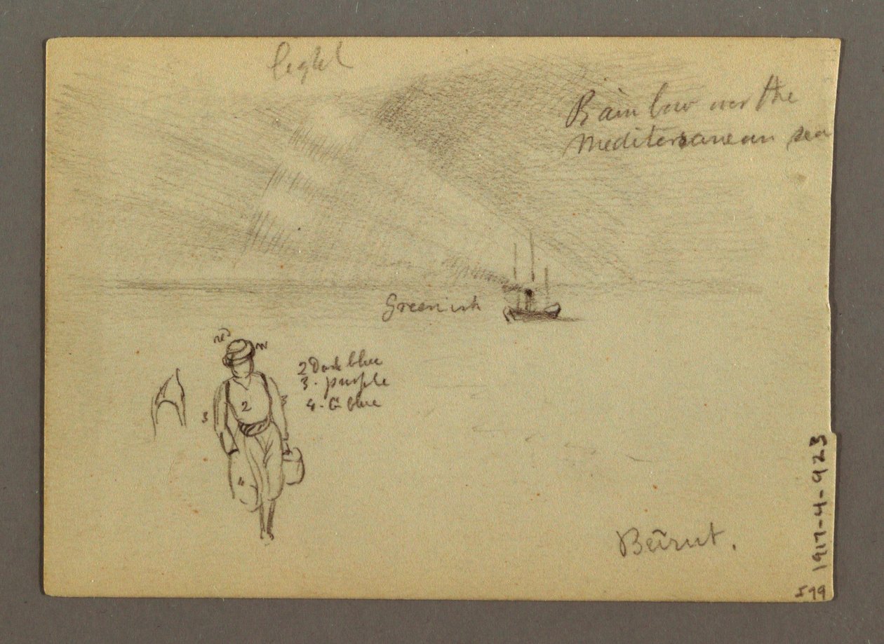 Desenho, Castelo na água, barco, árvores, possivelmente 1868 de Frederic Edwin Church