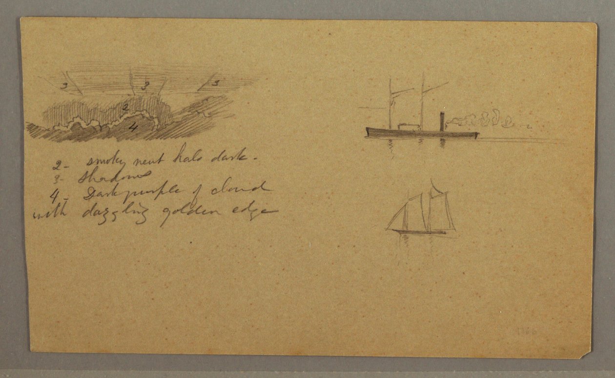 Desenho, Estudo de nuvens, navio a vapor, barco à vela, possivelmente 1865-66 de Frederic Edwin Church