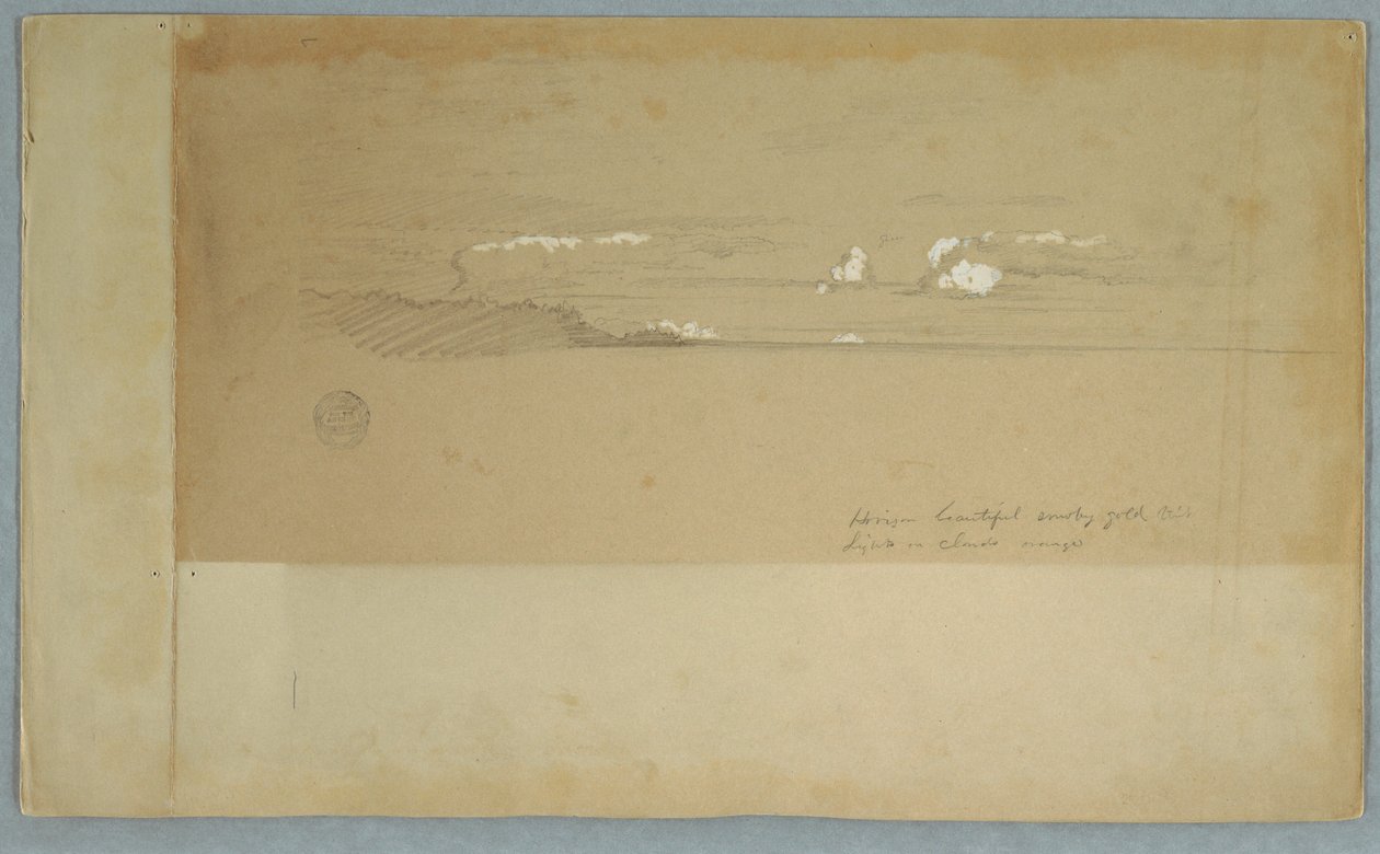 Desenho, Céu nublado sobre um terreno montanhoso e arborizado, possivelmente 1857 de Frederic Edwin Church