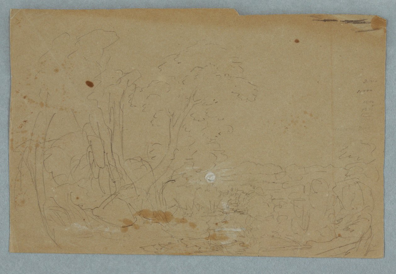 Desenho, Céu nublado sobre paisagem montanhosa; Verso: Lua cheia reflectida num ribeiro, 1845-50 de Frederic Edwin Church