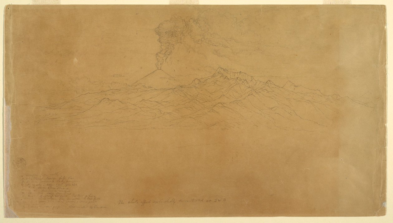 Desenho, Vulcão Cotapaxi em erupção por detrás de cordilheiras, Equador, 1857 de Frederic Edwin Church