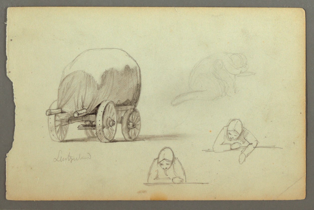 Desenho, Carroça coberta, Três estudos de uma mulher, possivelmente 1868 de Frederic Edwin Church