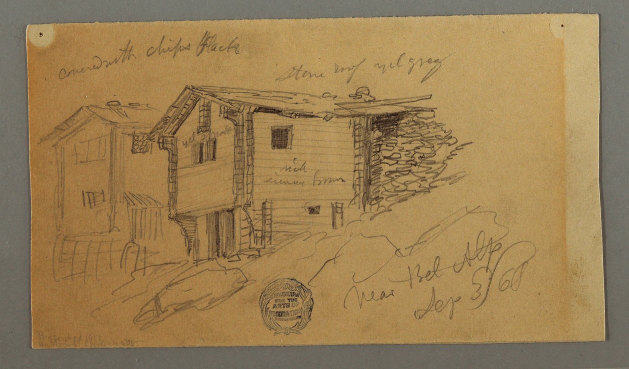 Desenho, Pormenores de abrigos de montanha, casas e uma rocha, Alpes Berneses, Suíça, 3 de setembro de 1868 de Frederic Edwin Church