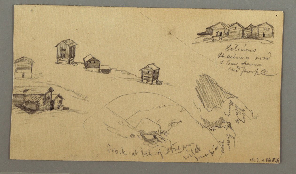 Desenho, Pormenores de abrigos de montanha, casas e uma rocha, Alpes Berneses, Suíça, 3 de setembro de 1868 de Frederic Edwin Church