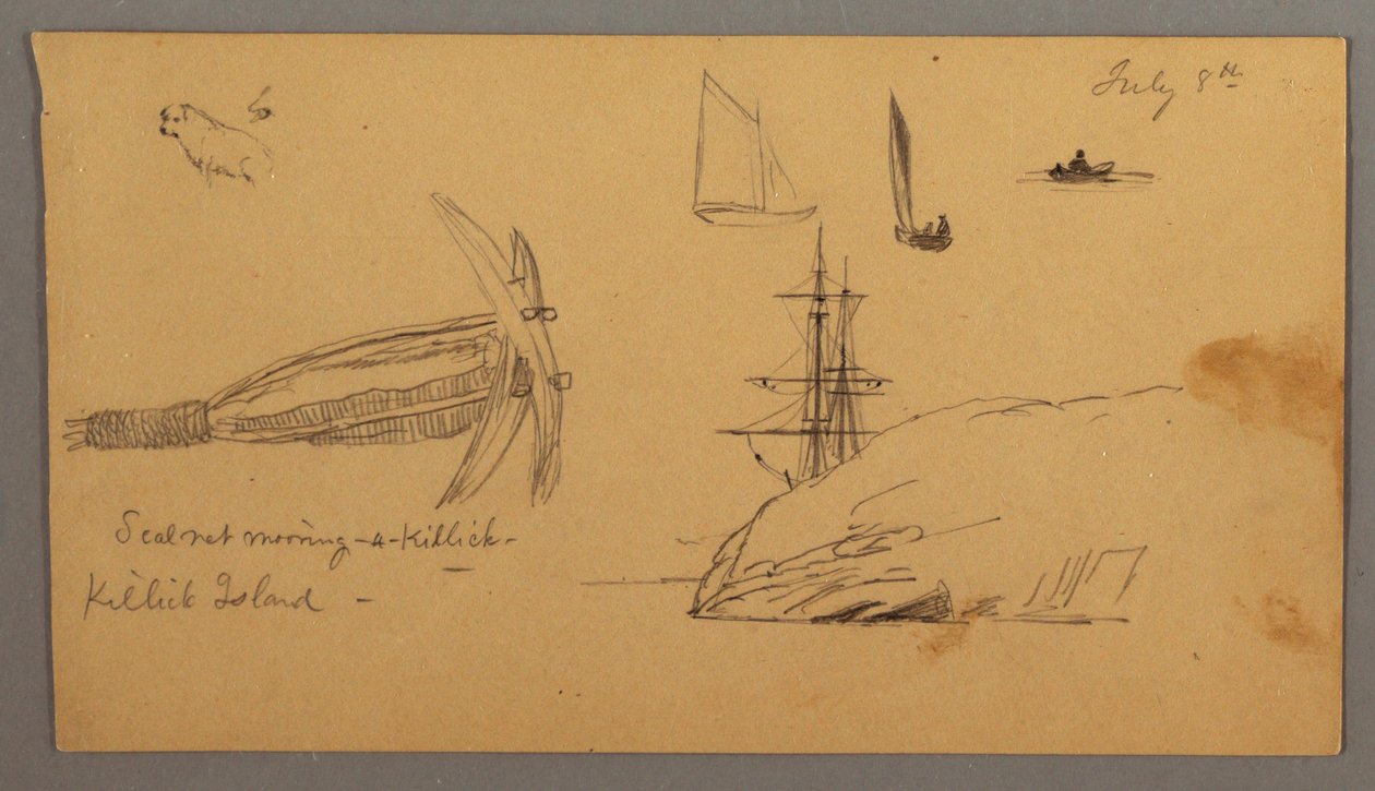 Desenho, Cão, estudos de barco à vela, âncora, falésias, possivelmente 8 de julho de 1859 de Frederic Edwin Church