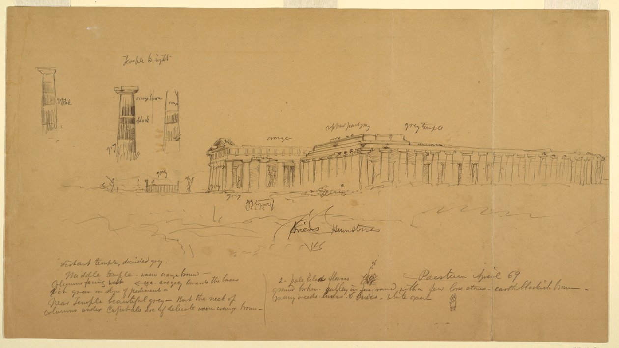Desenho, templos gregos dóricos de Atena (anteriormente Ceres), Hera II (anteriormente Neptuno) e Hera I (anteriormente Basílica), Paestum, Salerno, Itália, abril de 1869 de Frederic Edwin Church