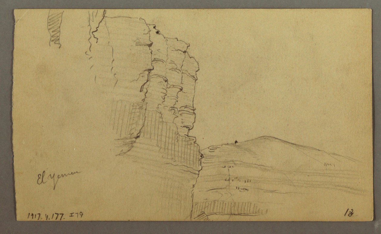 Desenho, Vale do Iémen, Arábia: Parede rochosa com a parte superior semelhante a uma fila de colunas, 20 de fevereiro de 1868 de Frederic Edwin Church