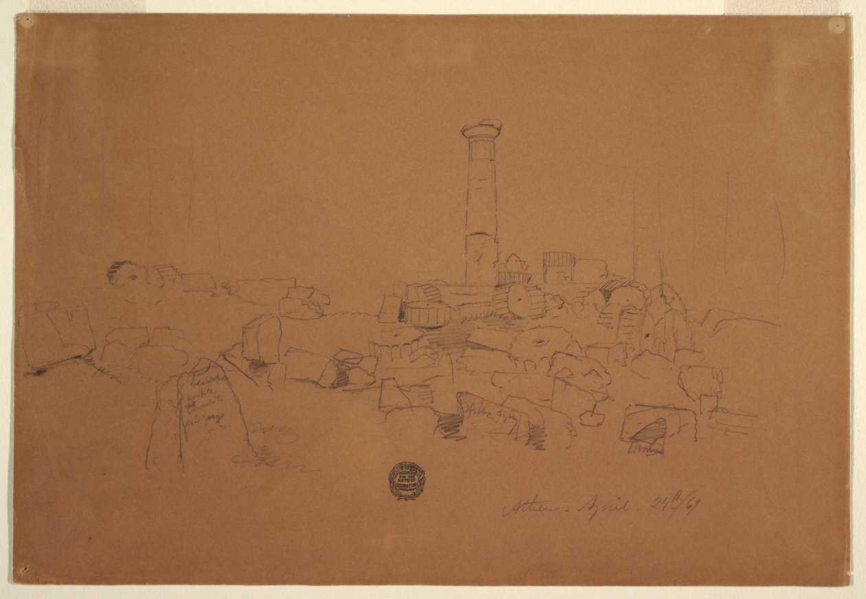 Desenho, Coluna caída, Templo de Zeus Olímpico, Atenas, 24 de abril de 1869 de Frederic Edwin Church