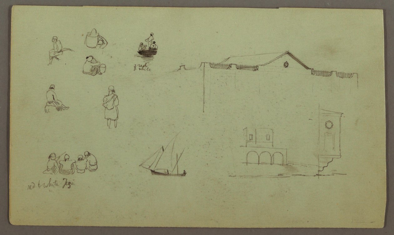 Desenho, Estudos de figuras, Barco à vela, Estudos arquitectónicos, possivelmente 1868 de Frederic Edwin Church