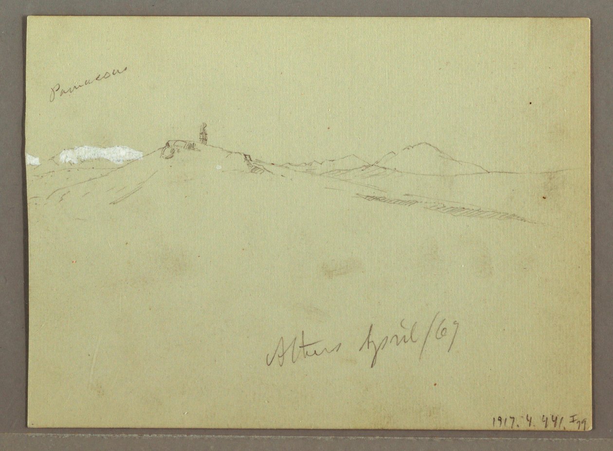 Desenho, Rebanho de ovelhas e pastor, cadeias de montanhas cobertas de neve, abril de 1869 de Frederic Edwin Church