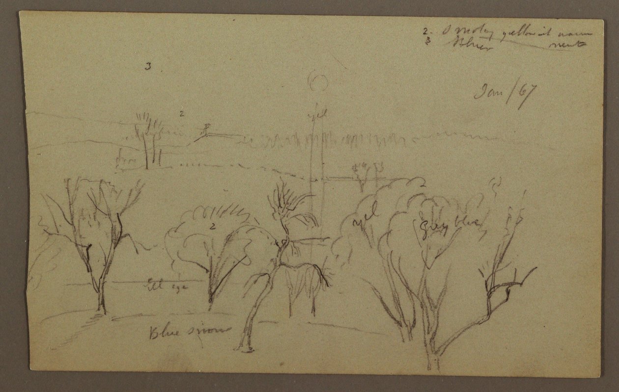 Desenho, Colinas, Árvores, Sol Poente, 1867 de Frederic Edwin Church