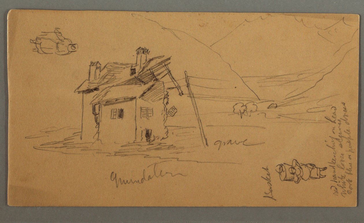 Desenho, Casa em ruínas de Hlaf no vale, duas figuras, 1868 de Frederic Edwin Church