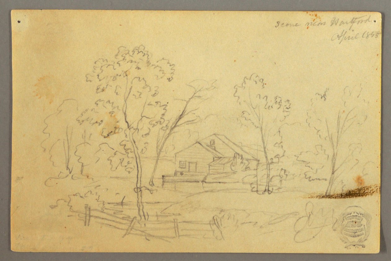 Desenho, Casa no bosque junto a um riacho, abril de 1845 de Frederic Edwin Church