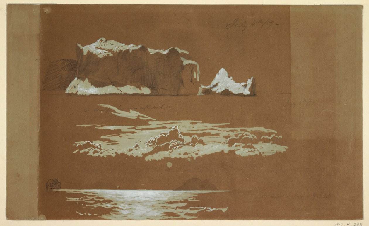 Desenho, Icebergs perto do Cabo de São João e da Ilha das Gaivotas, Terra Nova, 4 de julho de 1859 de Frederic Edwin Church