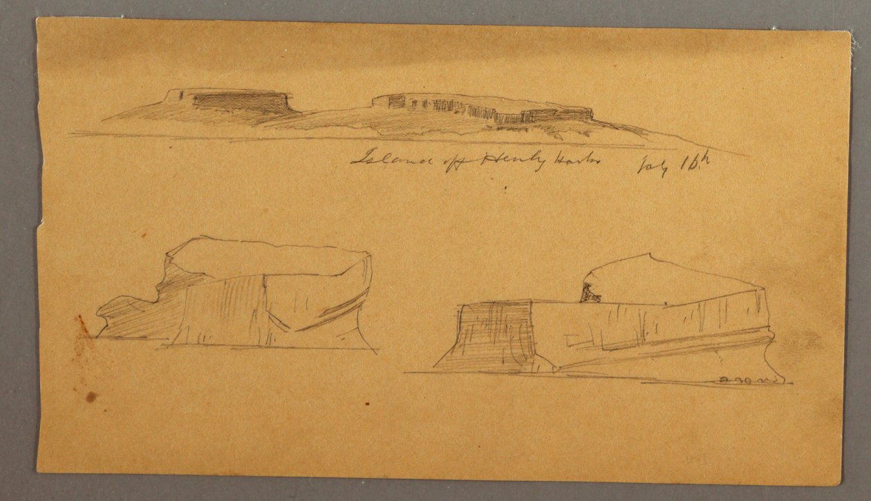 Desenho, ilha ao largo do porto de Henly e dois icebergues flutuantes, 16 de julho de 1859 de Frederic Edwin Church