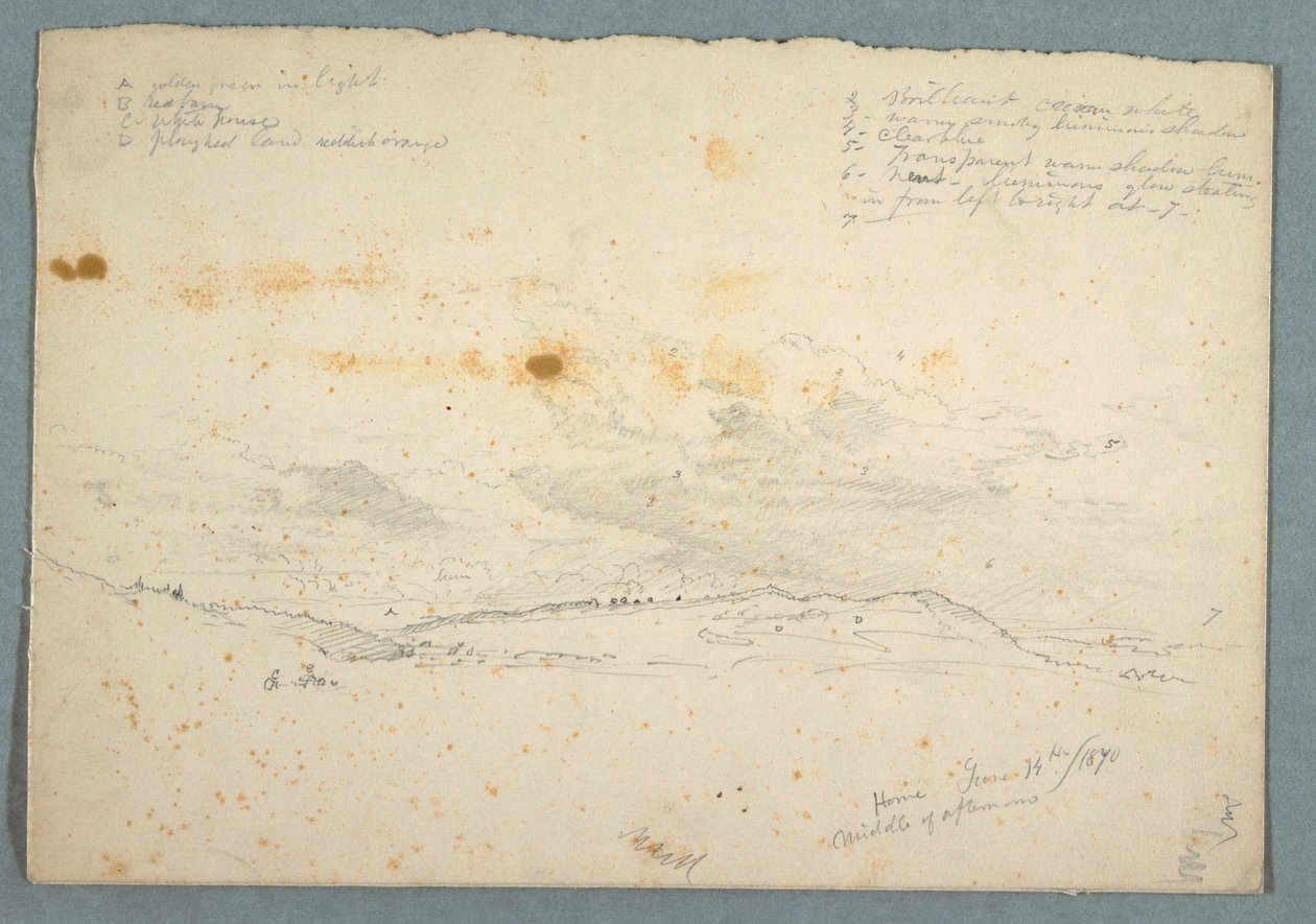 Desenho, Paisagem no vale do Hudson; verso: Esboço de igreja com naves arborizadas, 14 de junho de 1870 de Frederic Edwin Church