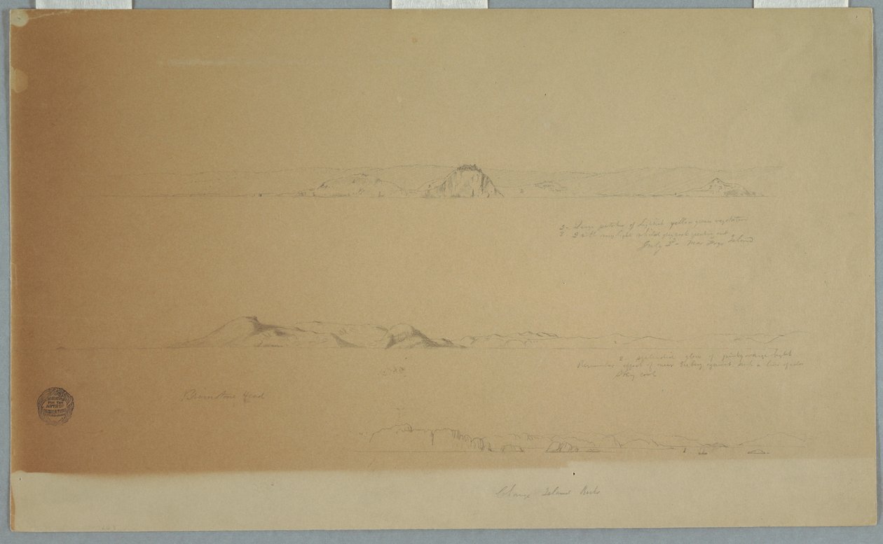 Desenho, Paisagem perto da Ilha do Fogo, Brimstone, Head, Change Island Rocks, 2 de julho de 1869 de Frederic Edwin Church