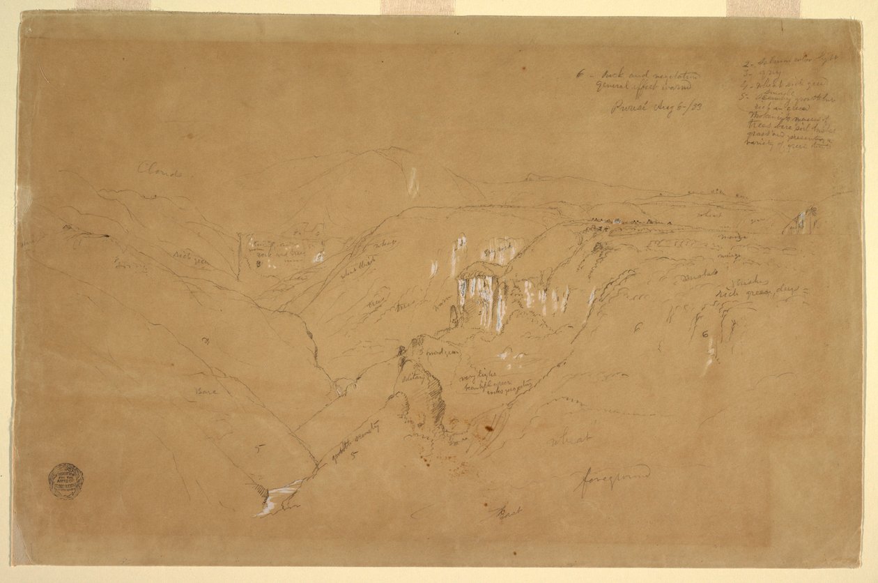 Desenho, Paisagem com o Monte Purese, Colômbia, 6 de agosto de 1853 de Frederic Edwin Church