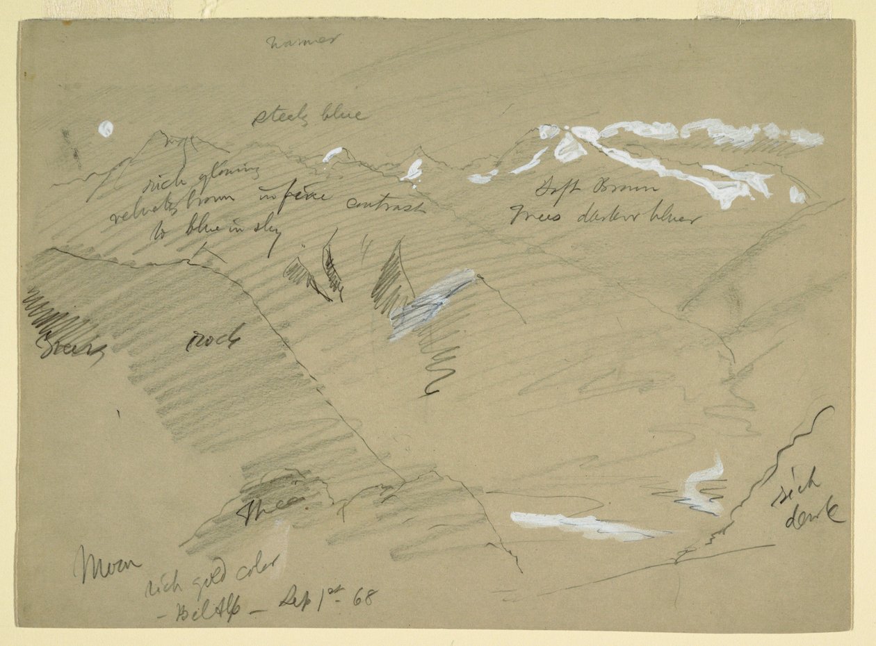Desenho, Paisagens nos Alpes Berneses, perto de Bel Alp, Suíça, setembro de 1868 de Frederic Edwin Church
