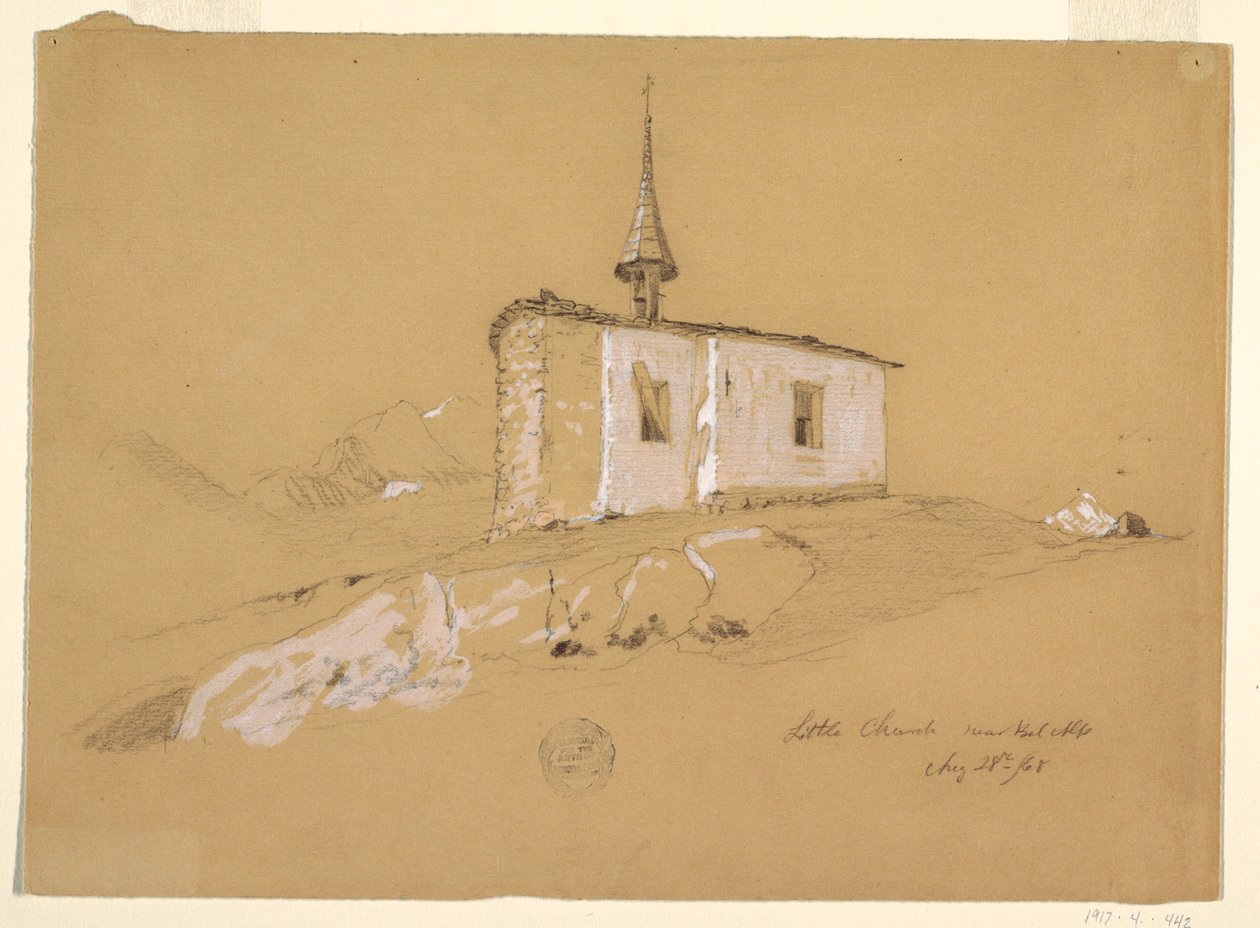 Desenho, "Pequena Igreja perto de Bel Arp", Alpes Berneses, Suíça, 28 de agosto de 1868 de Frederic Edwin Church