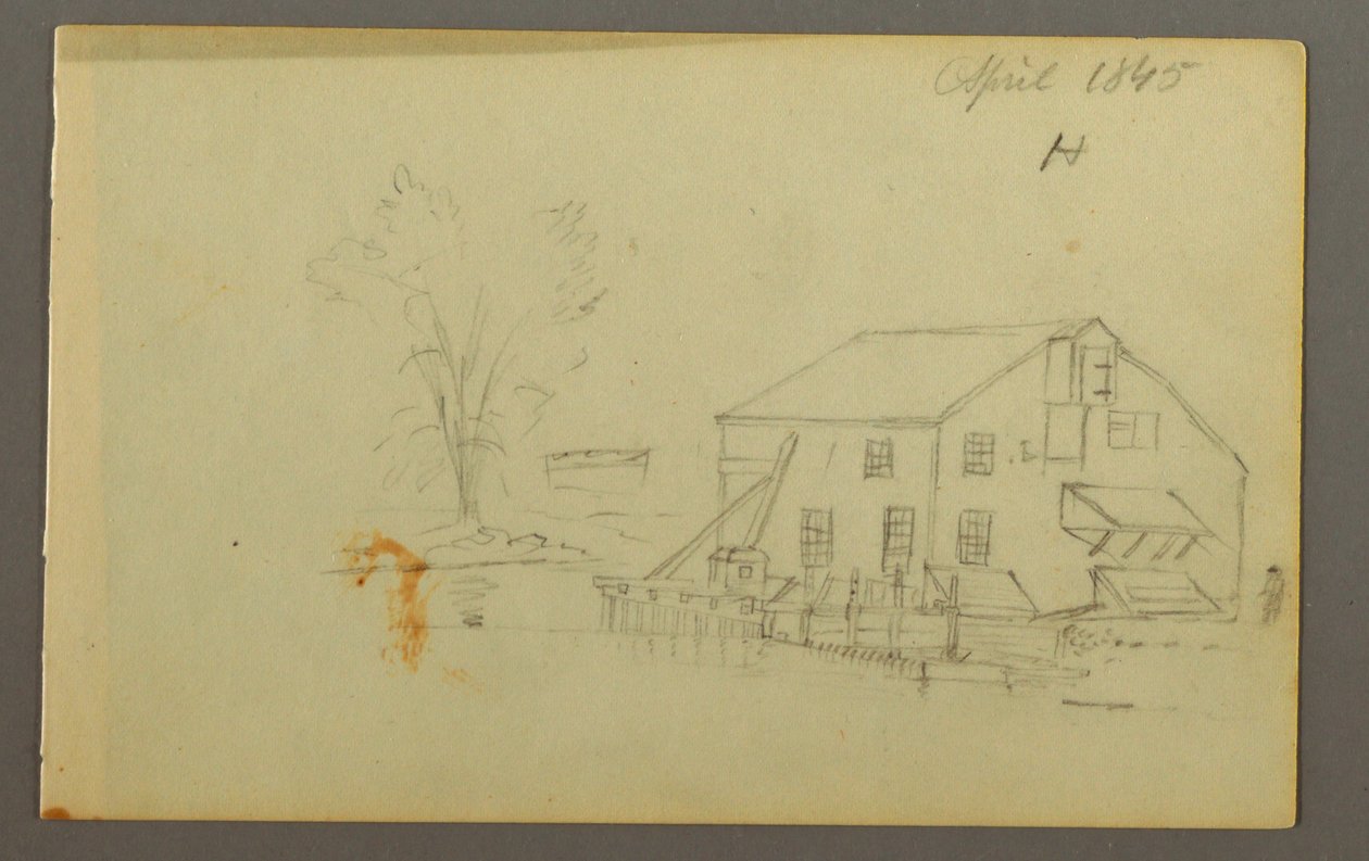 Desenho, Edifício pombalino com cais junto a um riacho, 1845 de Frederic Edwin Church