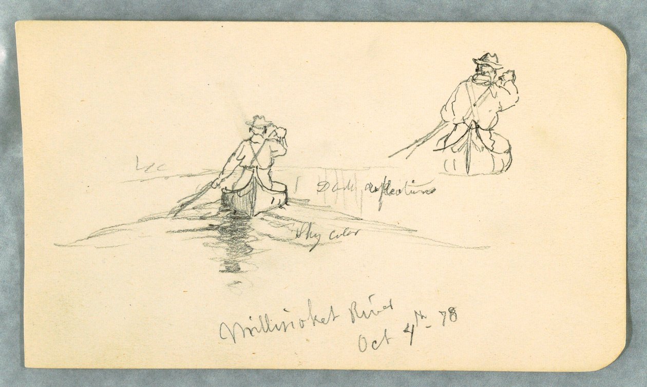 Desenho, homem remando uma canoa no rio Millinoket [sic], 4 de outubro de 1878 de Frederic Edwin Church
