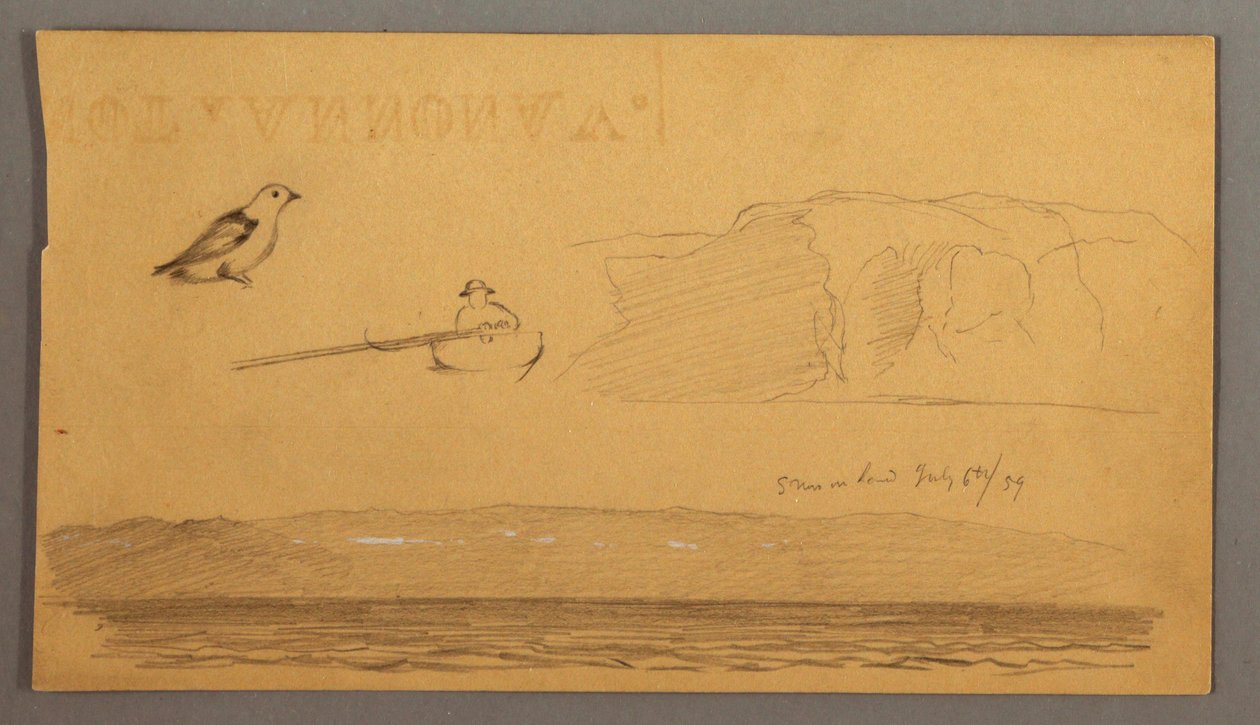 Desenho, Homem num barco, pássaro, falésias, costa, 6 de julho de 1859 de Frederic Edwin Church