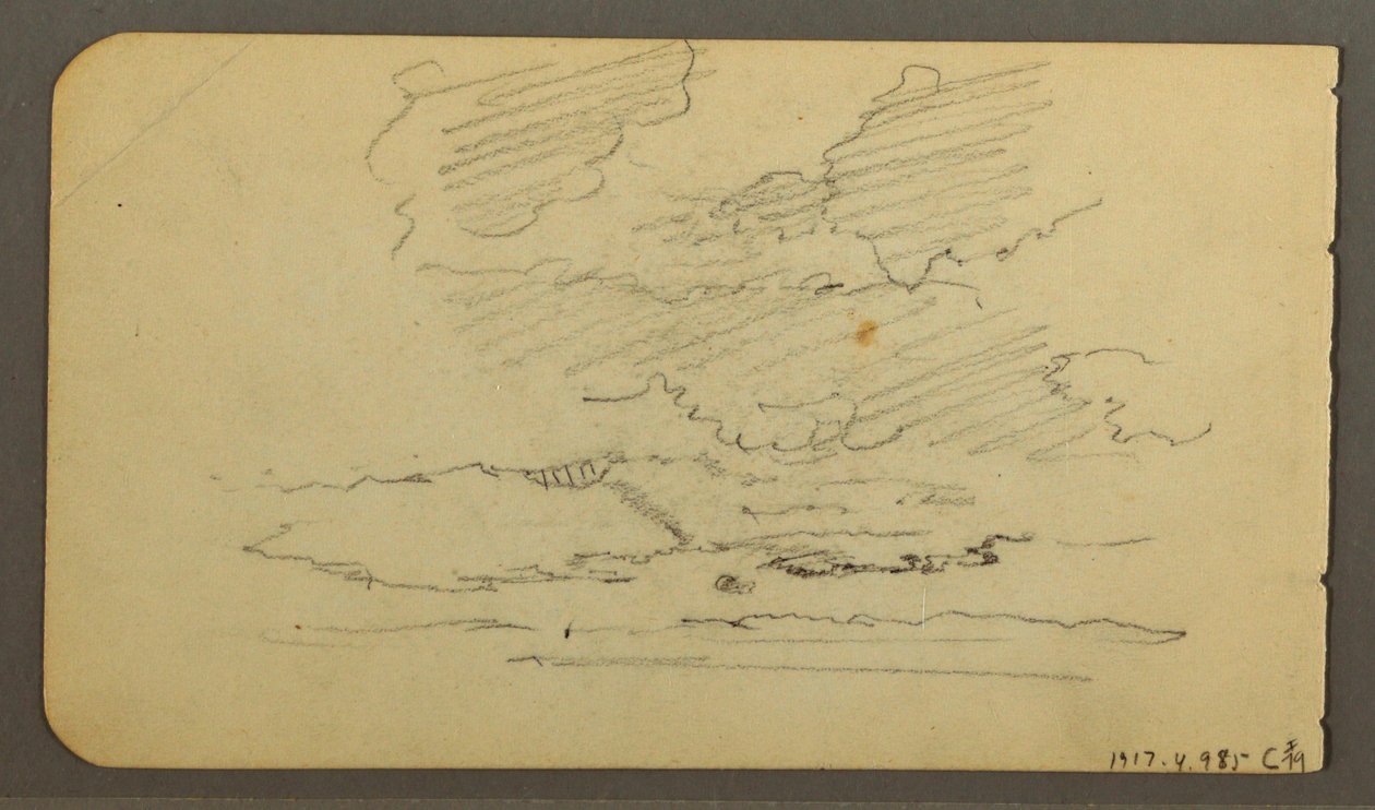 Desenho, Homem num barco, rochedos, tronco de árvore, árvores, 1878 de Frederic Edwin Church