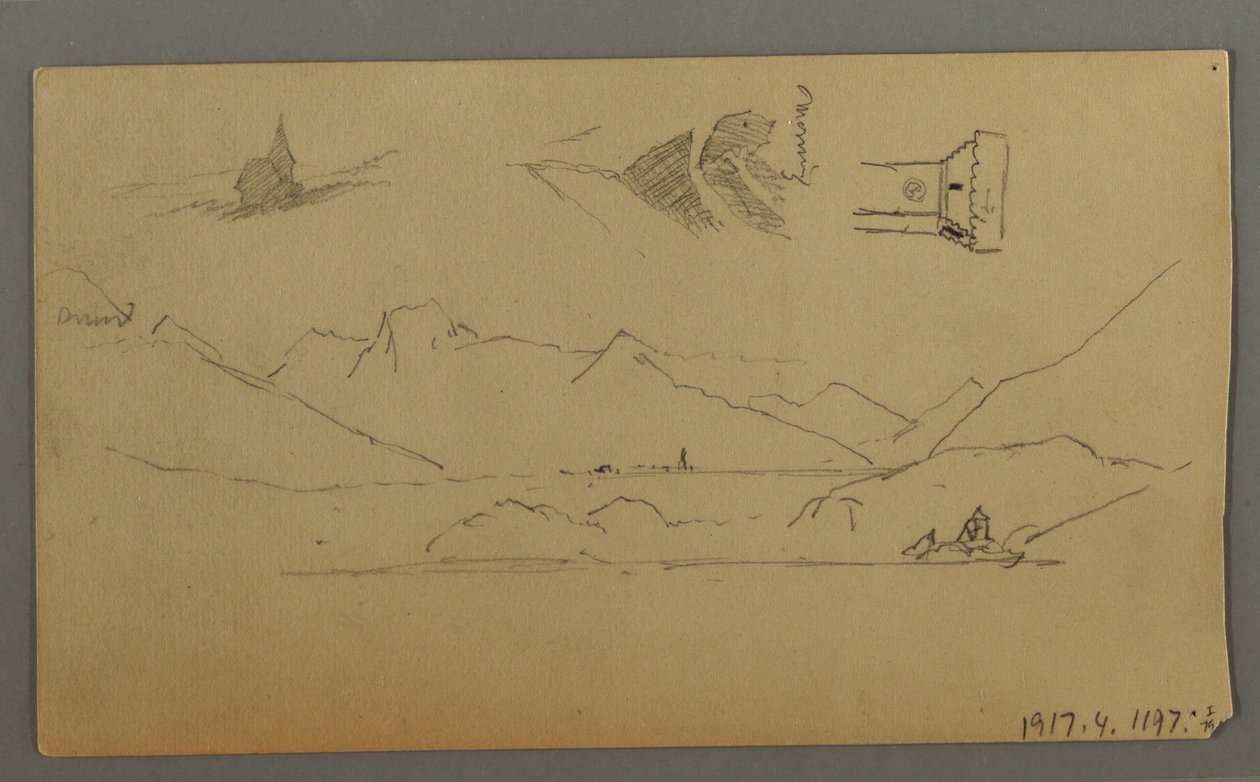 Desenho, Castelo Medieval, Duas Torres, Estudos de Figuras, perto de Thun, possivelmente 1868 de Frederic Edwin Church
