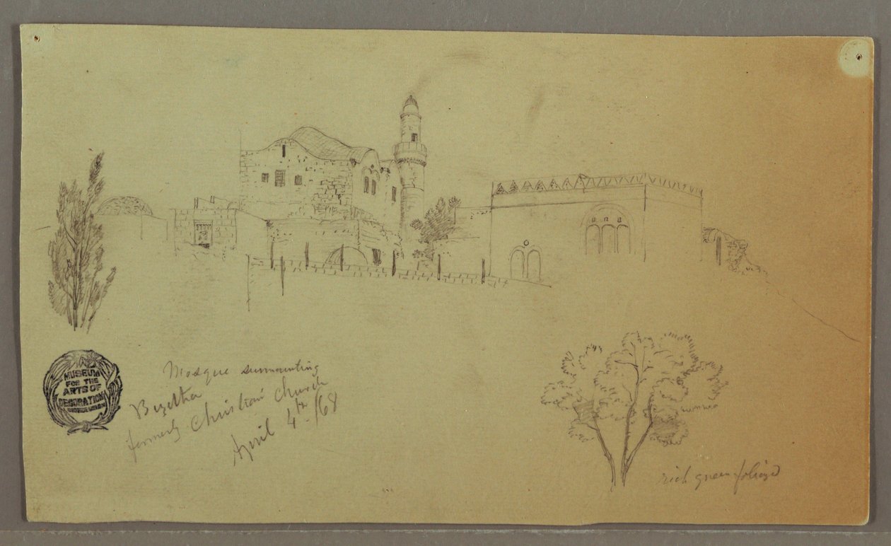 Desenho, Mesquita e edifícios adjacentes, árvores, 4 de abril de 1868 de Frederic Edwin Church