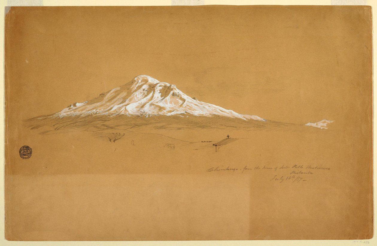 Desenho, Monte Chimborazo da casa de Pablo Bustamante, Riobamba, Equador, 14 de julho de 1857 de Frederic Edwin Church