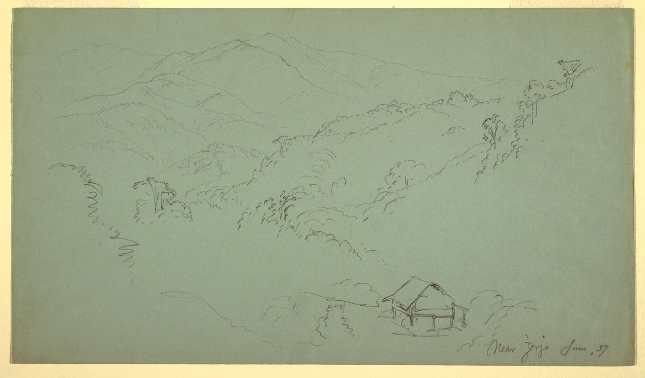 Desenho, Paisagem de montanha, casa, "perto de Jorje", Equador, junho de 1857 de Frederic Edwin Church