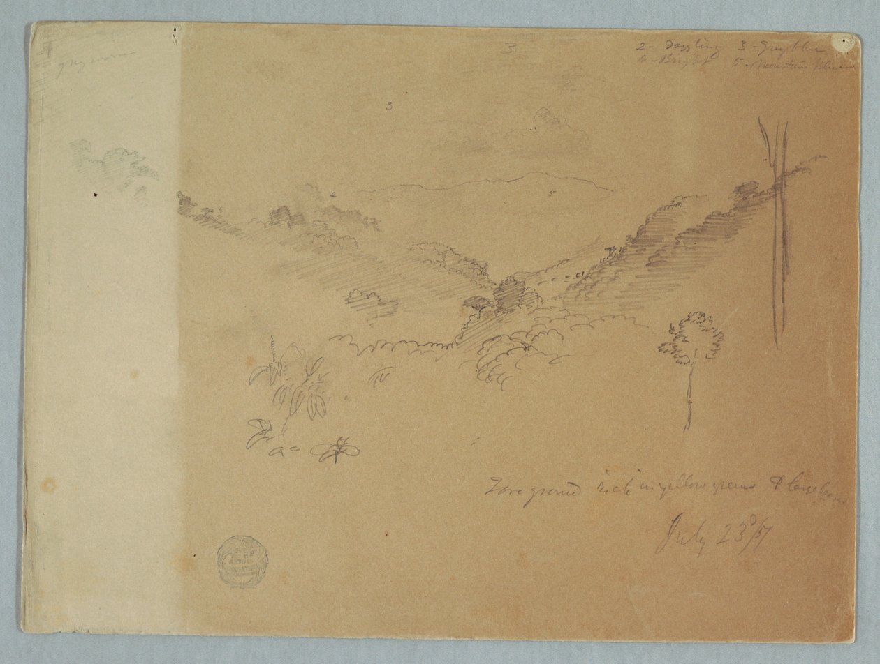 Desenho, Paisagem de montanha perto de Jorje, Equador, 23 de julho de 1857 de Frederic Edwin Church