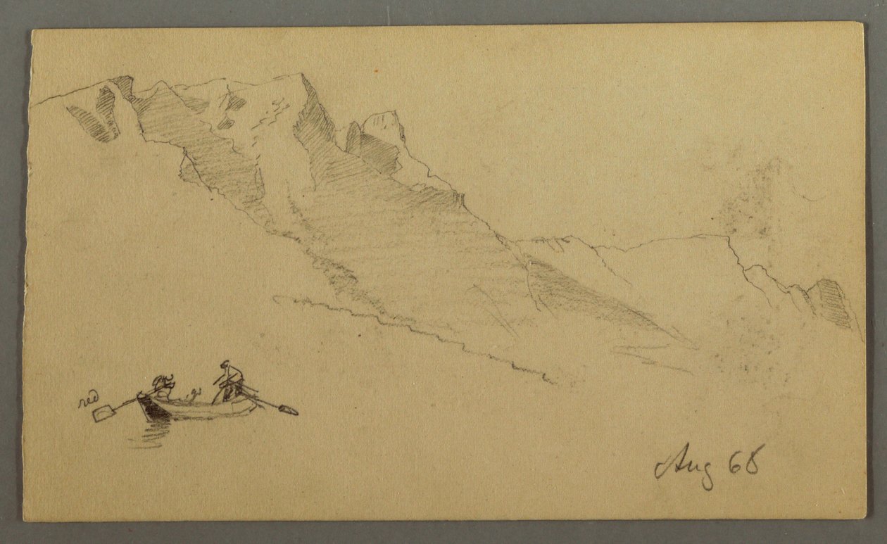 Desenho, Picos da montanha, duas figuras num barco a remos, agosto de 1868 de Frederic Edwin Church