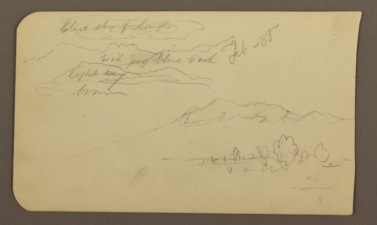 Desenho, Cordilheira, Cuautla, Igreja; verso: Cavalo agachado, anotações sobre a paisagem, fevereiro de 1885 de Frederic Edwin Church