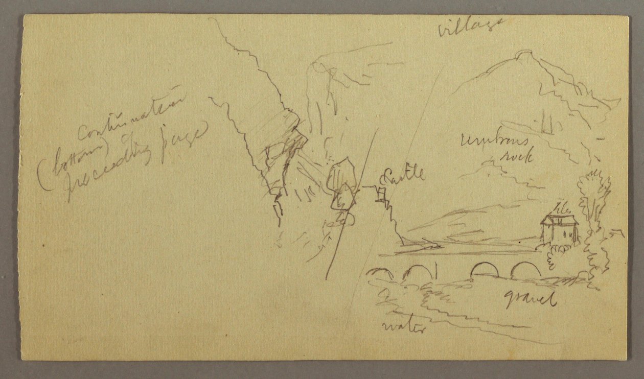 Desenho, Vale da Montanha, Ponte, Edifícios, possivelmente 1868-69 de Frederic Edwin Church