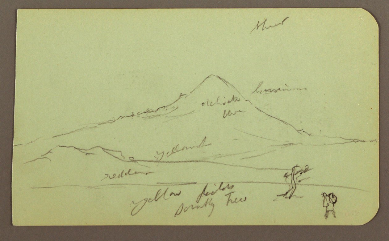 Desenho, Montanha, árvore, figura; Verso: igreja, árvore, 1883 de Frederic Edwin Church