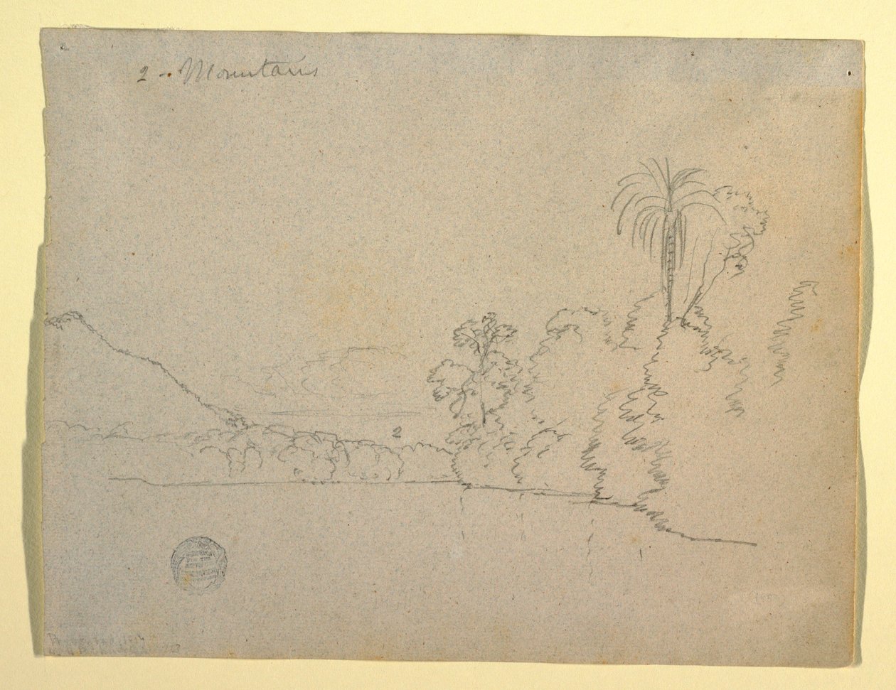 Desenho, margem montanhosa de uma baía, América do Sul, 1853 de Frederic Edwin Church