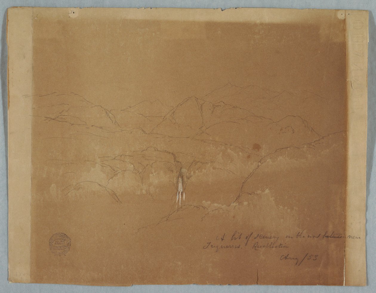 Desenho, Paisagem montanhosa com uma cascata, perto de Tuquerres, Colômbia, agosto de 1853 de Frederic Edwin Church