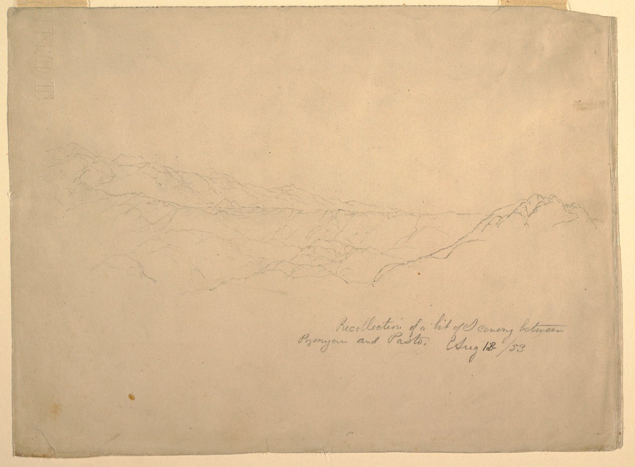 Desenho, Paisagem montanhosa entre Popayan e Pasto, Colômbia, 13 de agosto de 1853 de Frederic Edwin Church