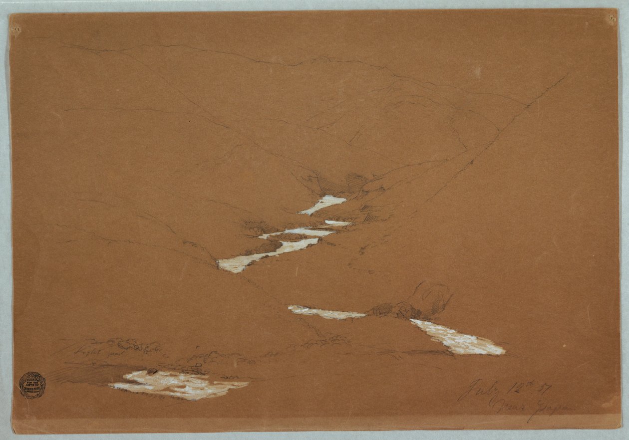 Desenho, vale de montanha estreito com riacho em cascata perto de Ysapan, Equador, 12 de julho de 1857 de Frederic Edwin Church